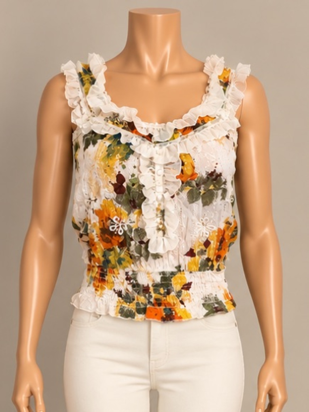 Vintage 2000s American Rag Floral Eyelet Ruffle Smocked Tank Top XS